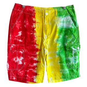 Mens Shorts Size 34 Red Yellow Green Tie Dye Handcrafted Hippie Festival Retro